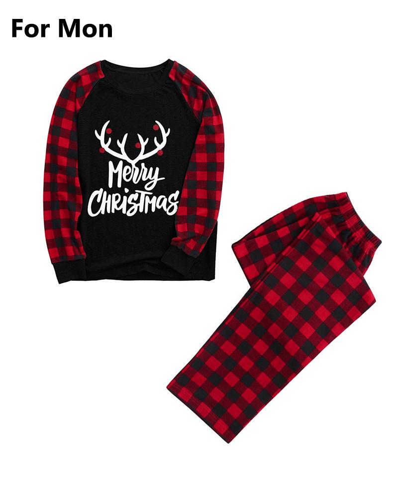 

Christmas Letter Print Plaid Top & Pants Set For Mom, Black