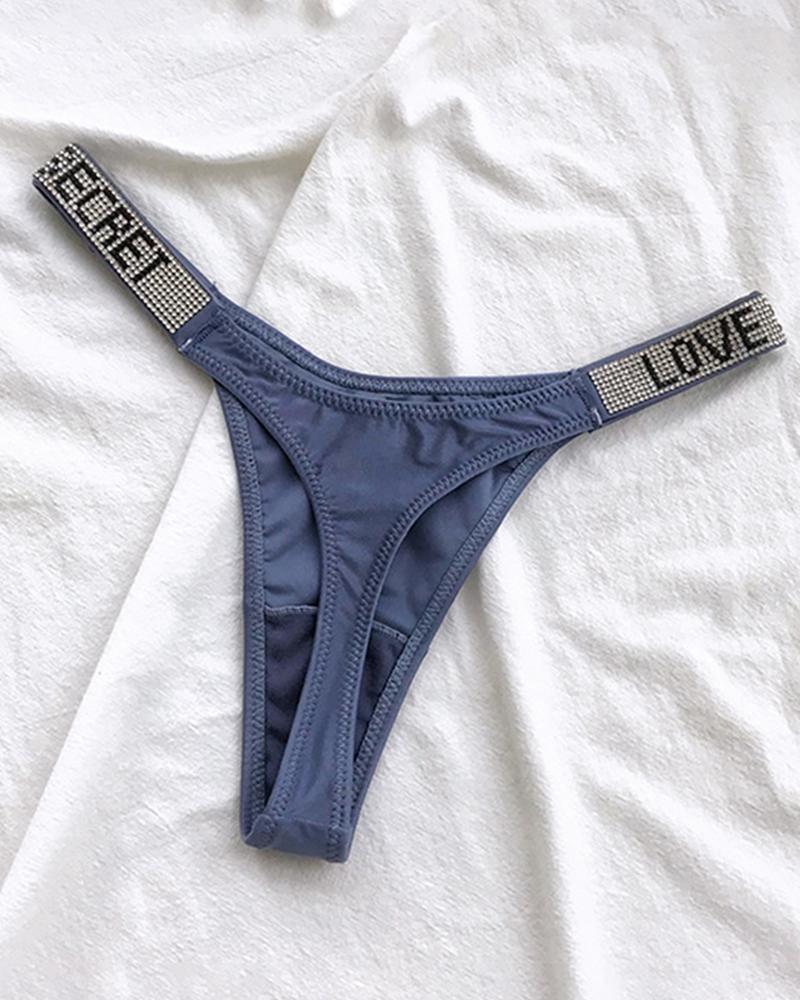 

Letter Pattern Rhinestone Decor Thong Panty, Blue