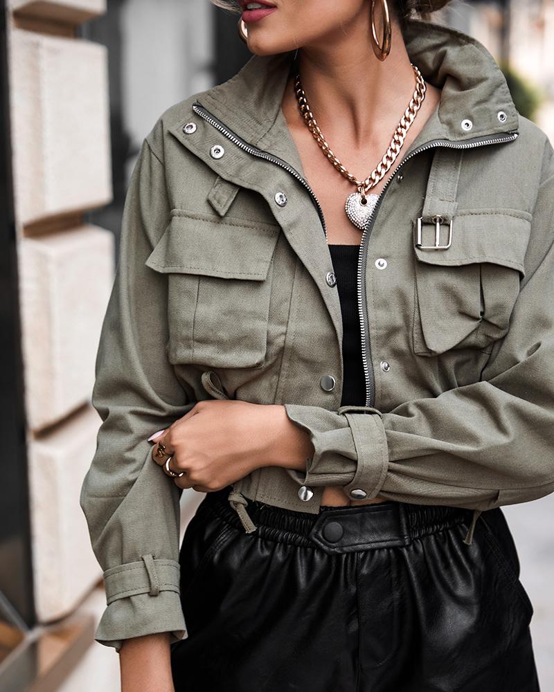 

Pocket Button Design Long Sleeve Biker Jacket, Green