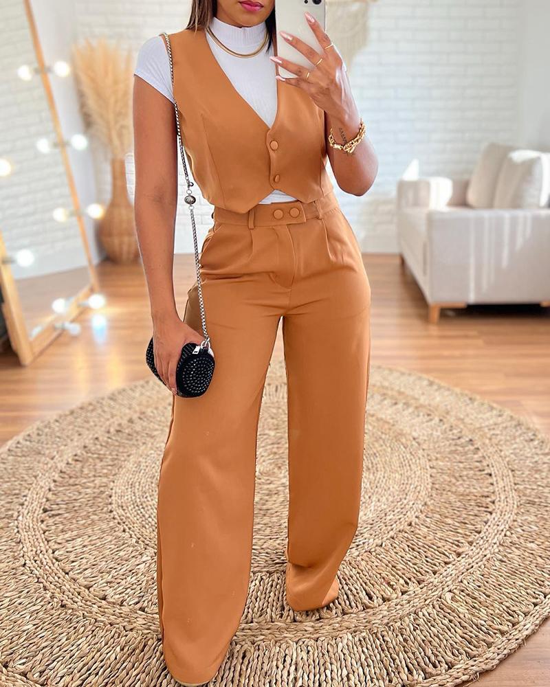 

Buttoned Vest Top & Straight Leg Pants Set, Khaki