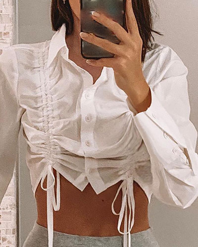 

Drawstring Ruched Buttoned Long Sleeve Shirt, White