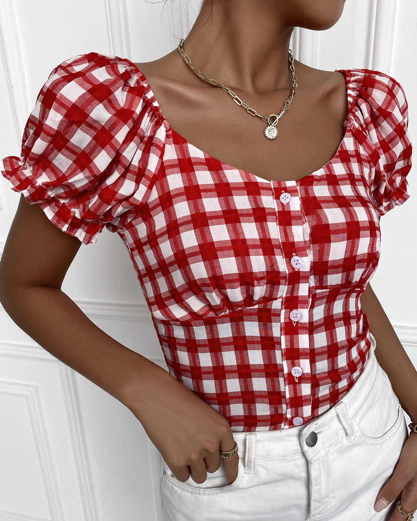 

Plaid Print Square Neck Top, Red