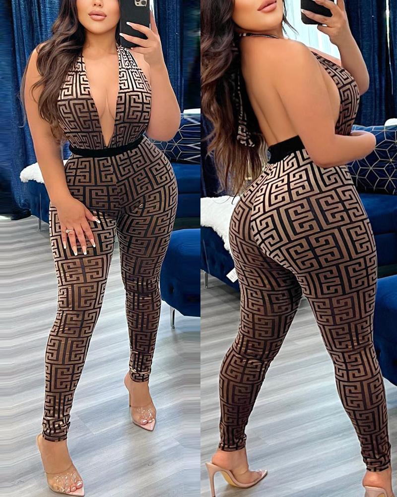 

Geometric Print Halter Backless Jumpsuit, Brown