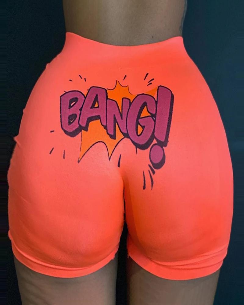 

Letter Print High Waist Casual Shorts, Orange