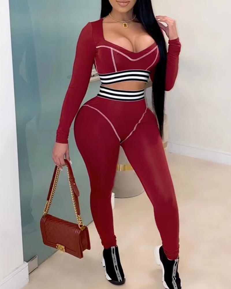 

Striped Colorblock Crop Top & Skinny Pants Set, Wine red