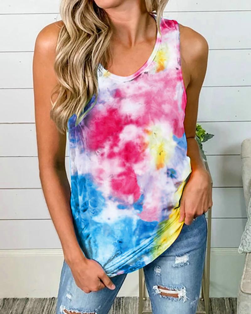 

Twisted Back Tie Dye Print Casual Tank Top, White
