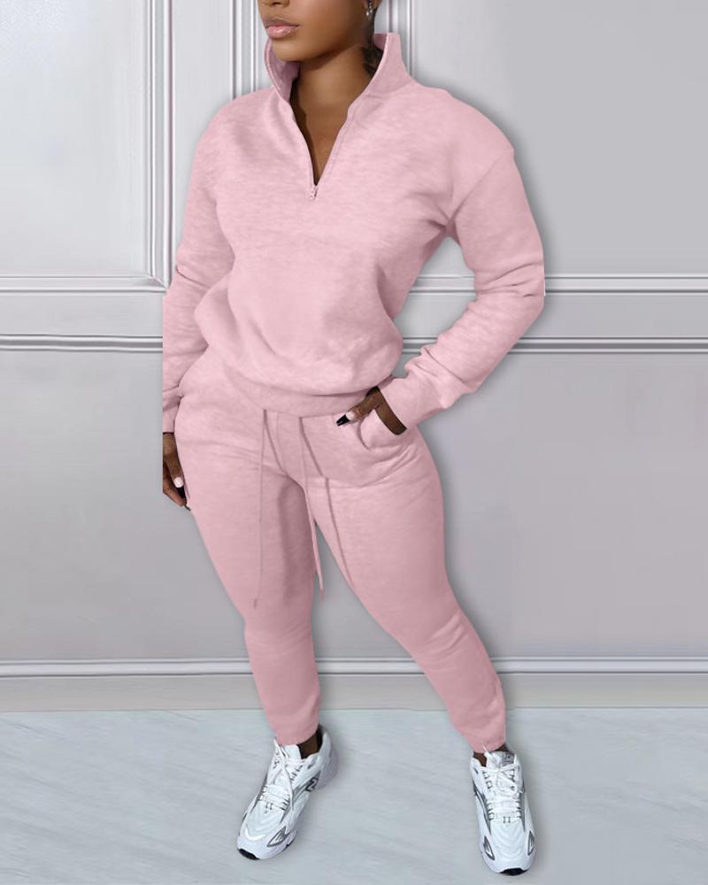

Long Sleeve Zip Detail Casual Top & Drawstring Pants Set, Pink