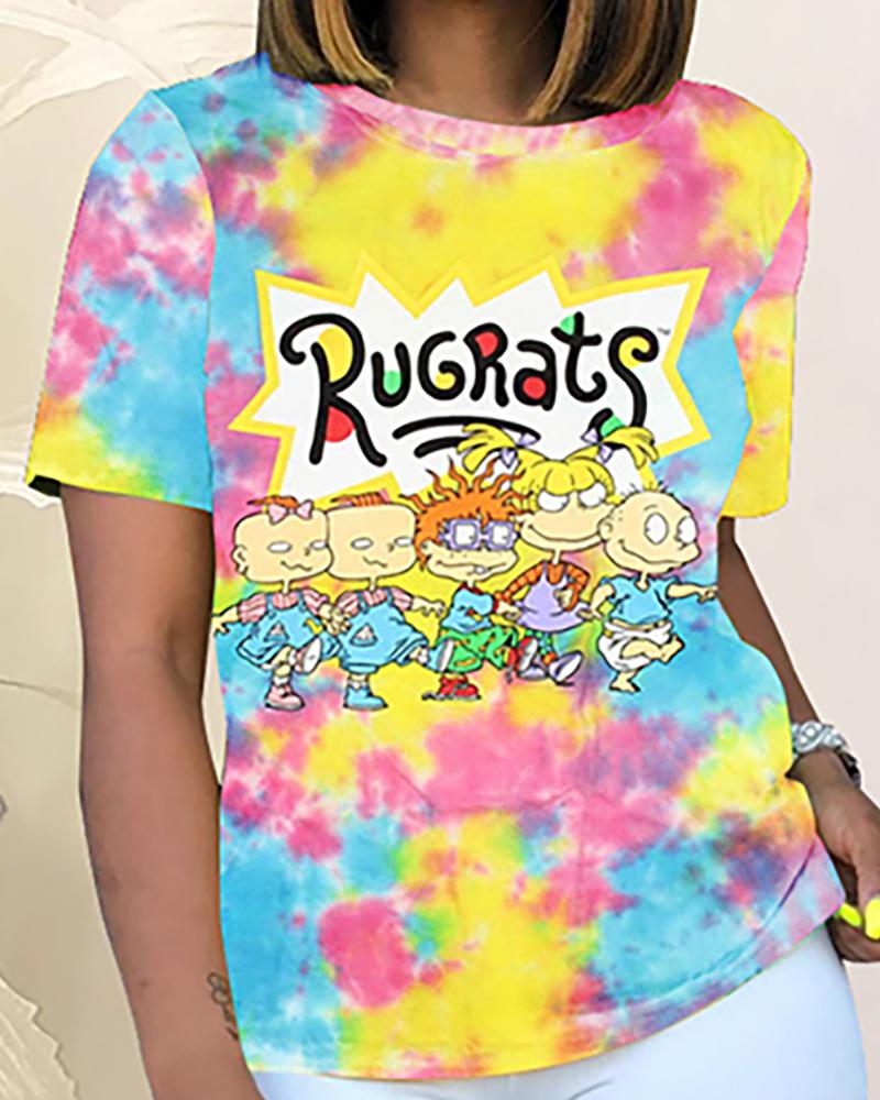

Cartoon Figure Print Short Sleeve Casual T-Shirt, Multicolor