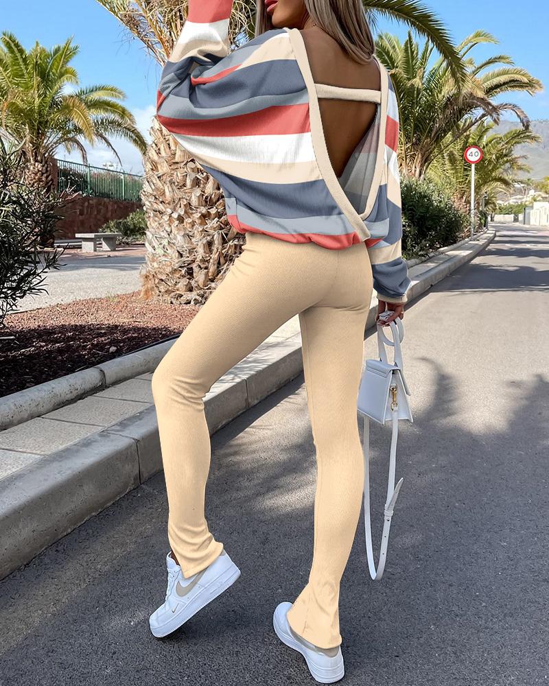 

Striped Print Backless Casual Top & Split Hem Pants Set, Multicolor