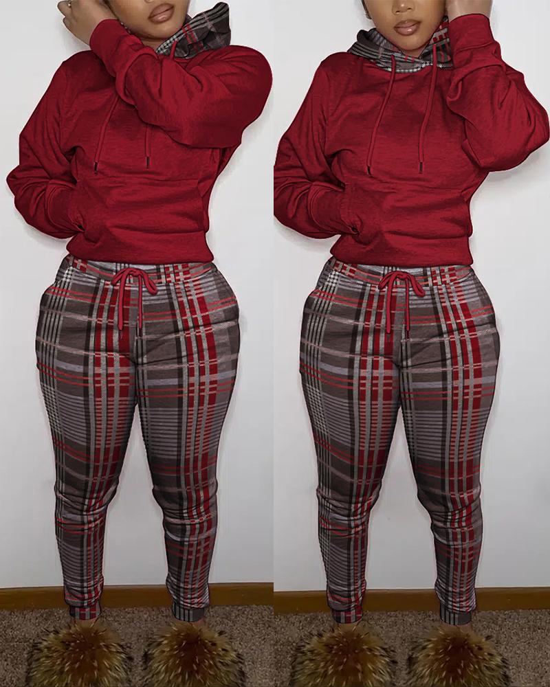 

Plaid Print Long Sleeve Hoodie & Pants Set, Wine red
