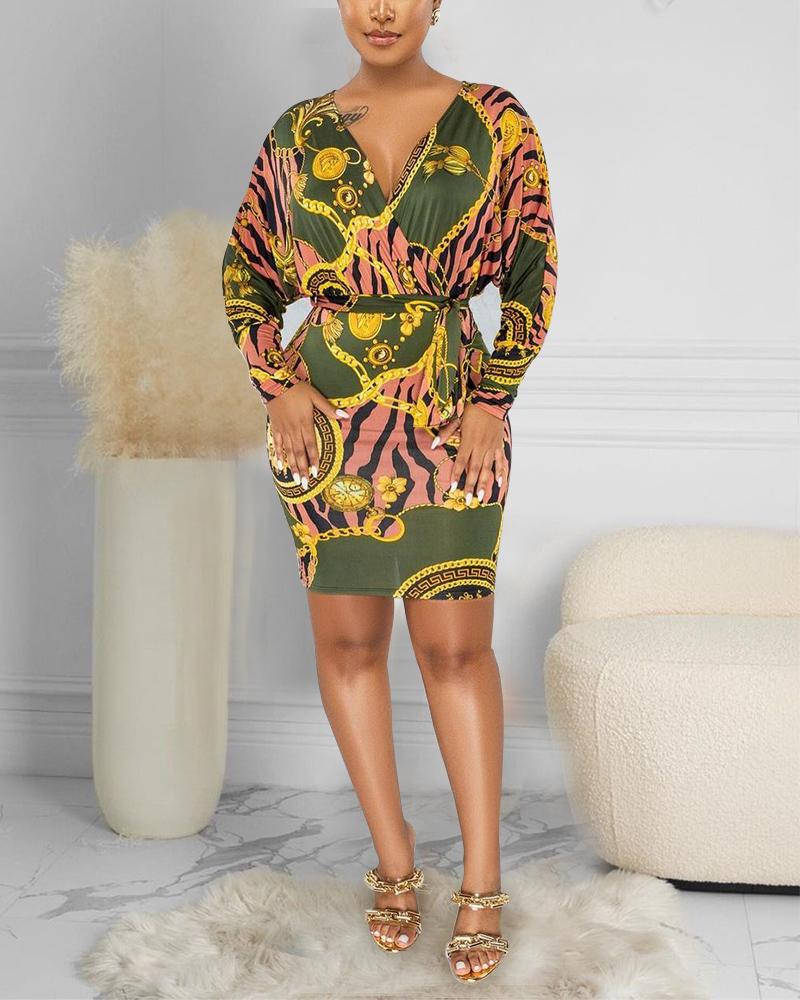 

Long Sleeve Belted Chain Baroque Print Dress, Multicolor