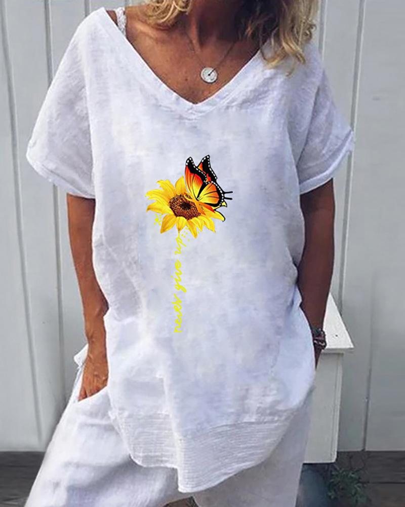 

Sunflower Butterfly Print Letter Pattern Casual T-shirt, White