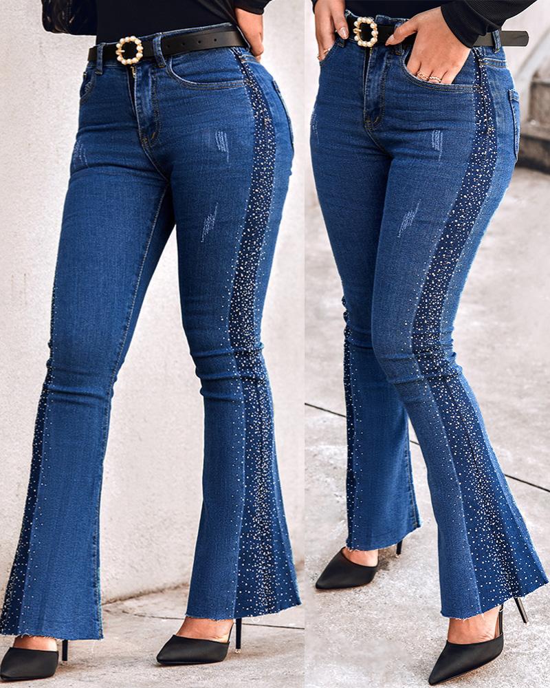 

Colorblock Rhinestone Decor Bootcut Jeans, Blue