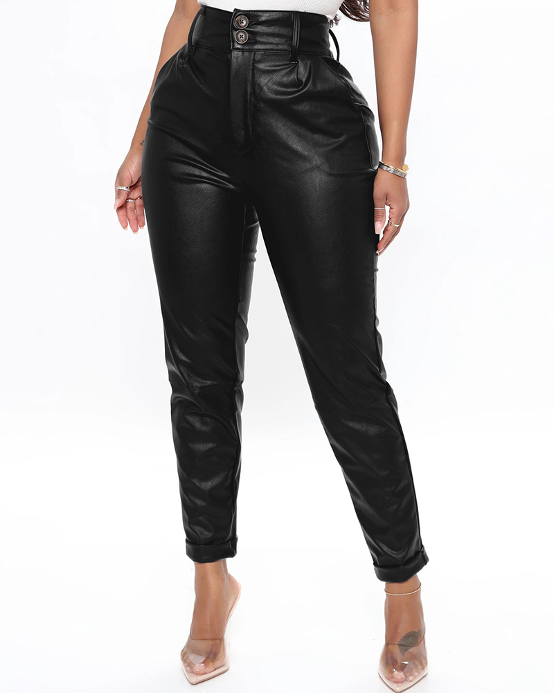 

High Waist Buttoned Skinny Pants, Black
