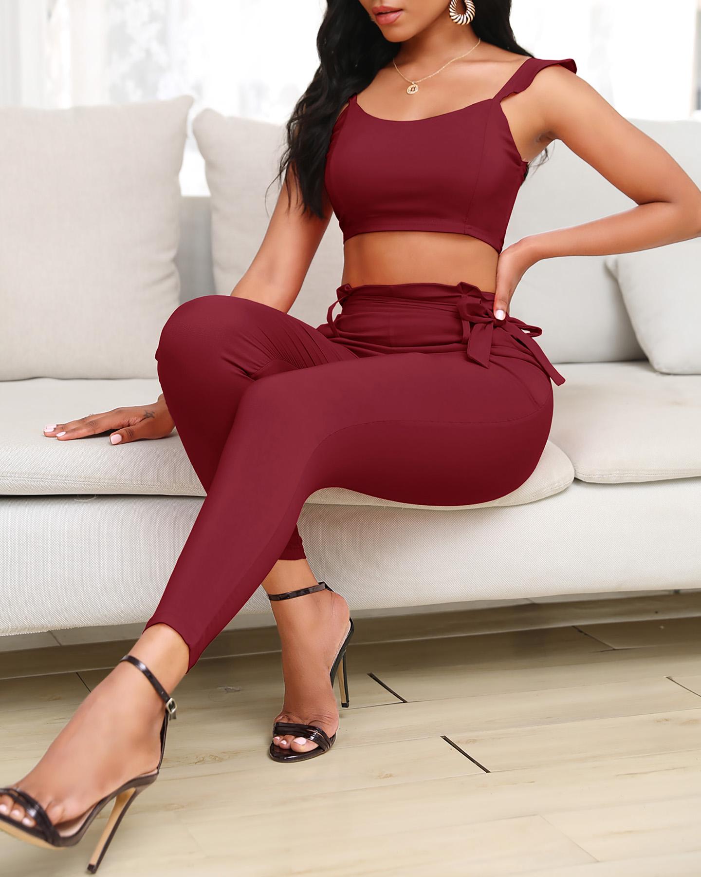 

Ruffles Top & Pocket Design Frill Hem Pants Set, Red
