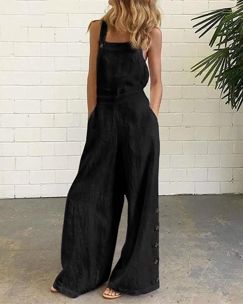 

Buttoned Pocket Design Wide Leg Suspender Jumpsuit, Black