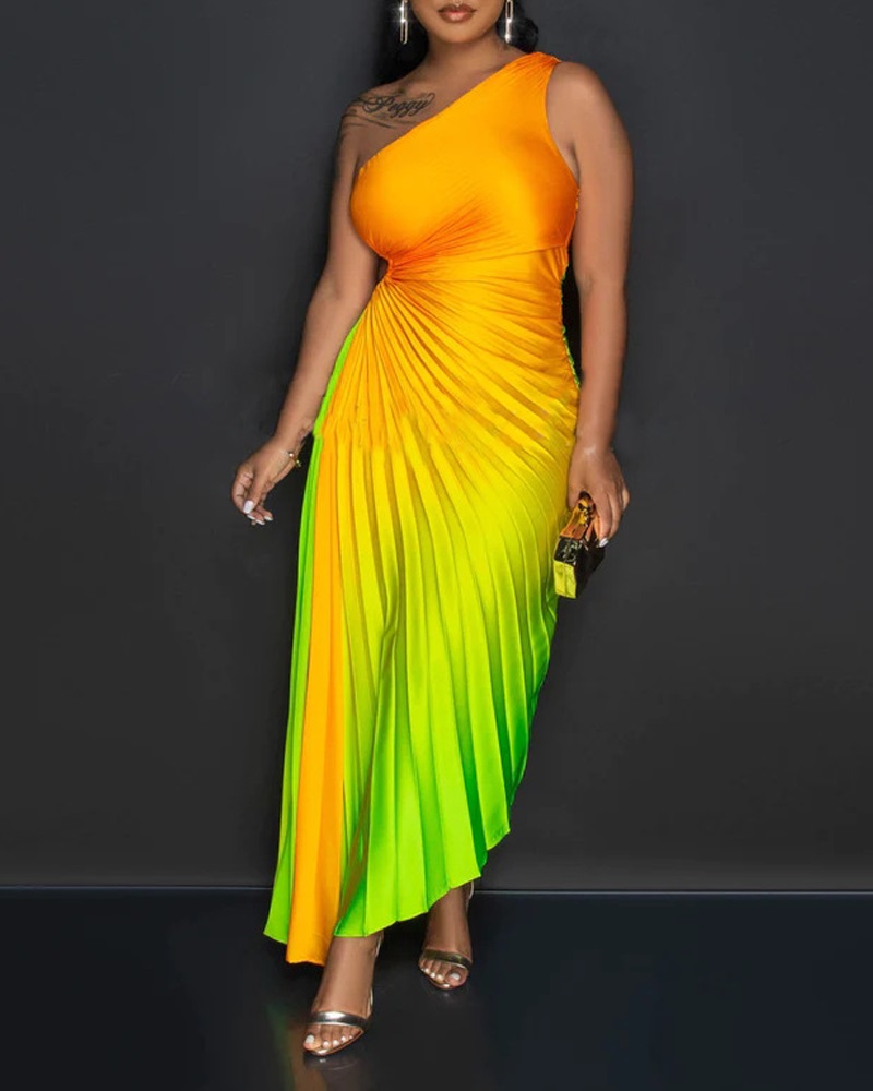 

Ombre One Shoulder Pleated Party Dress, Yellow