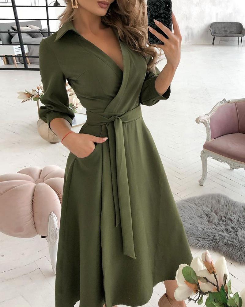 

Lantern Sleeve Casual Shirt Dress, Army green