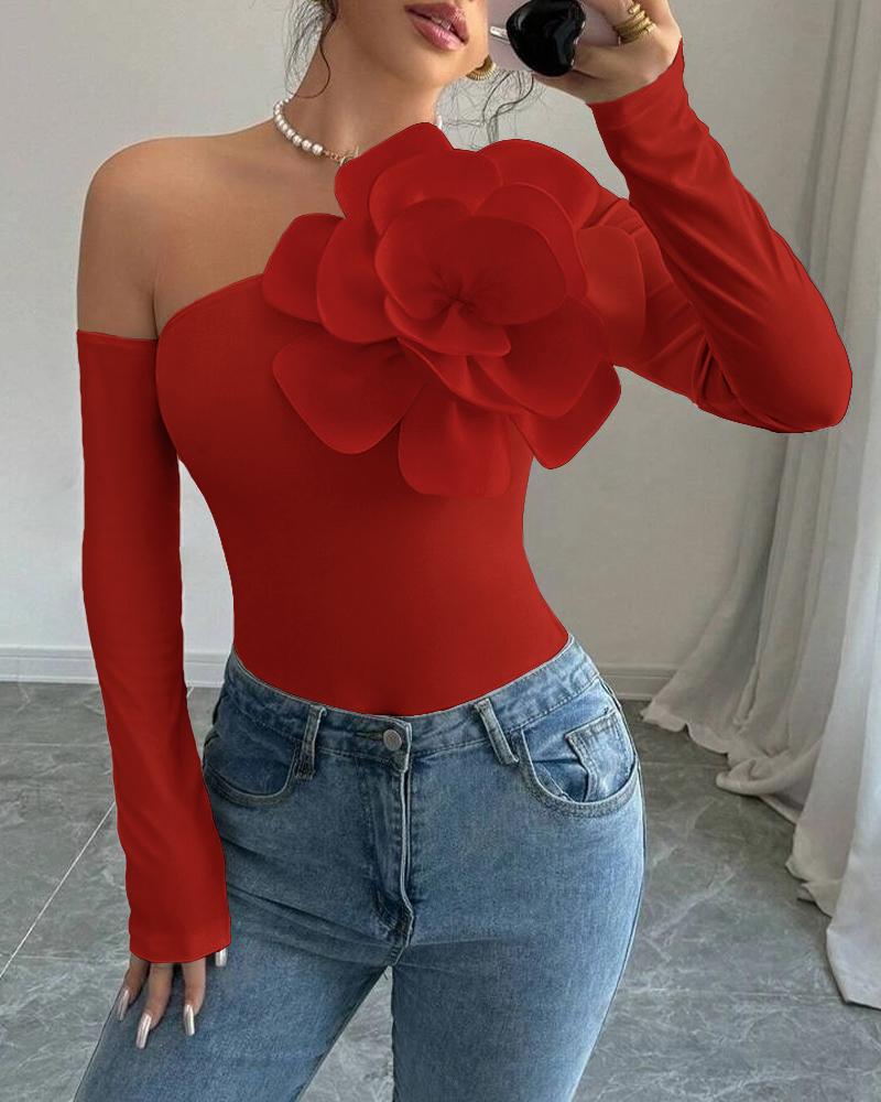 

Camiseta casual de manga larga con cuello oblicuo y diseño floral, Red