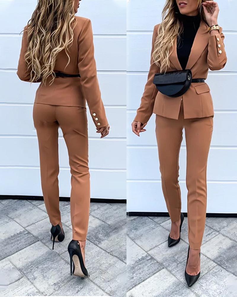 

Shawl Collar Buttoned Long Sleeve Blazer Coat & Pants Set, Brown