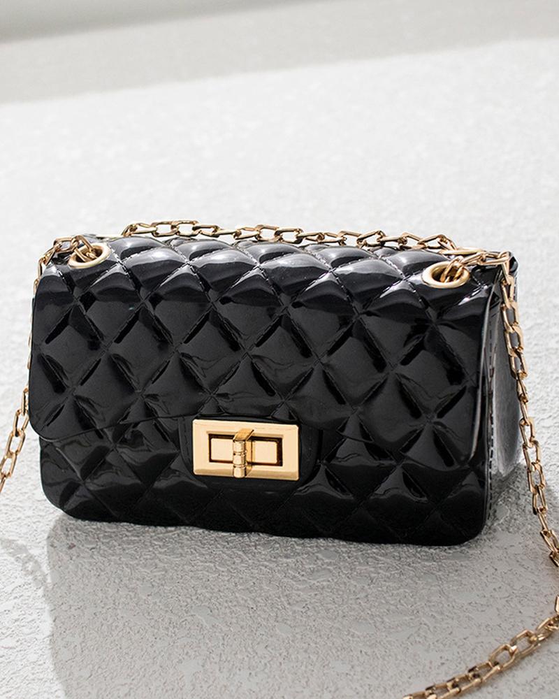 

Quilted Twist Lock Chain Strap Flap Crossbody Bag, Black