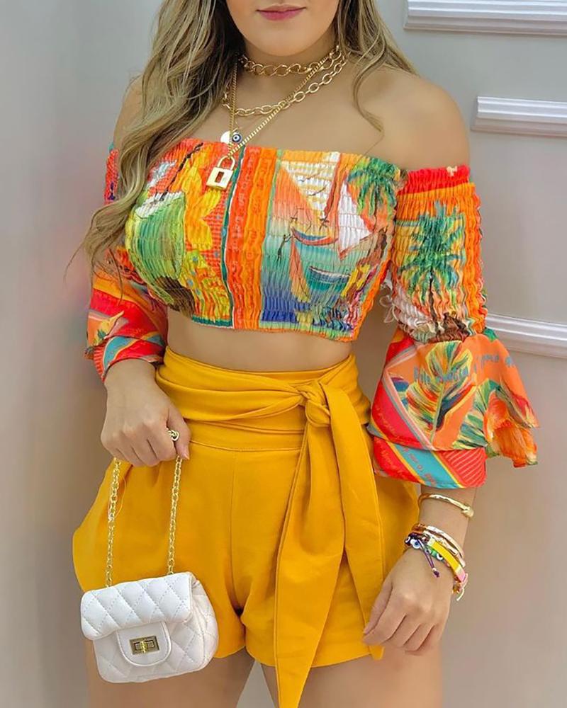 

Tropical Print Shirred Ruffles Top & Tied Detail Shorts Set, Orange