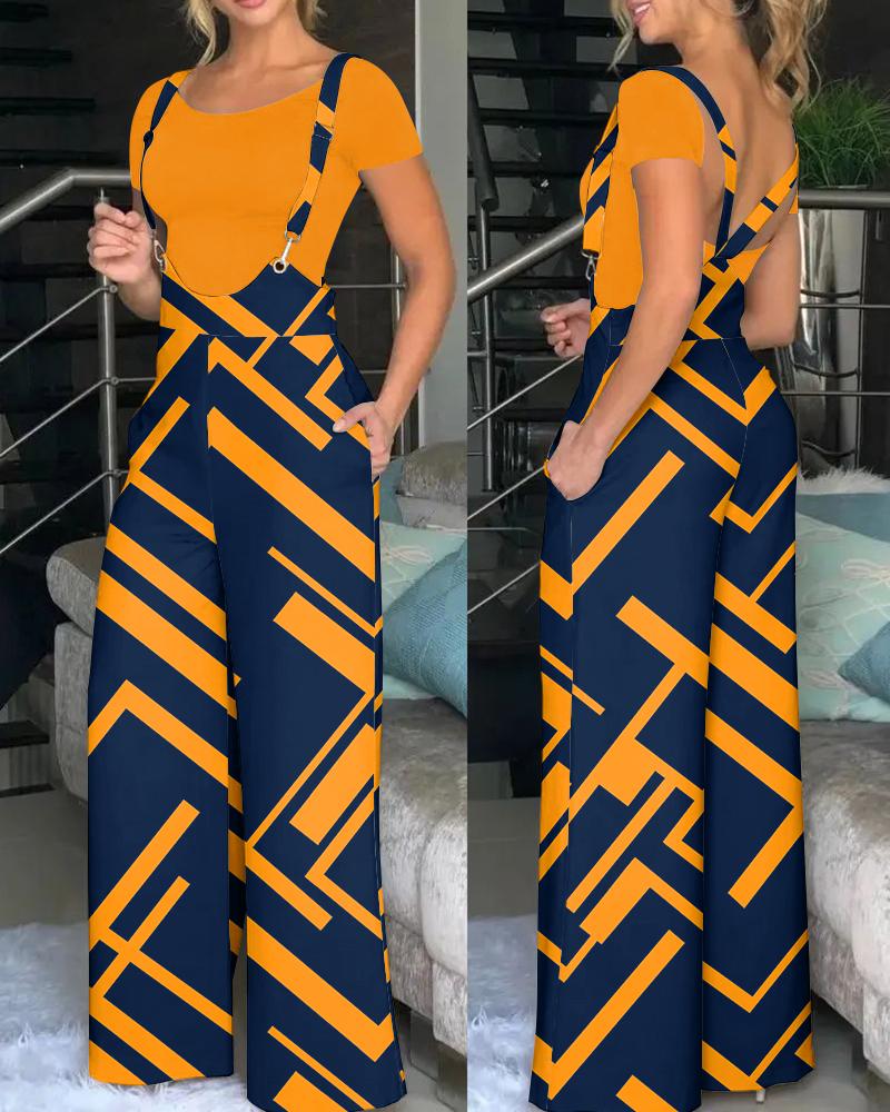 

Geometric Print Wide Leg Suspender Jumpsuit, Orange