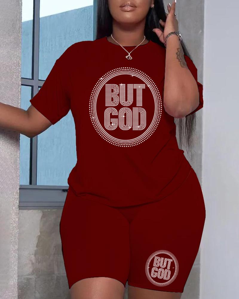 

Plus Size O-Neck Letter Pattern Rhinestone Top & Shorts Set, Wine red