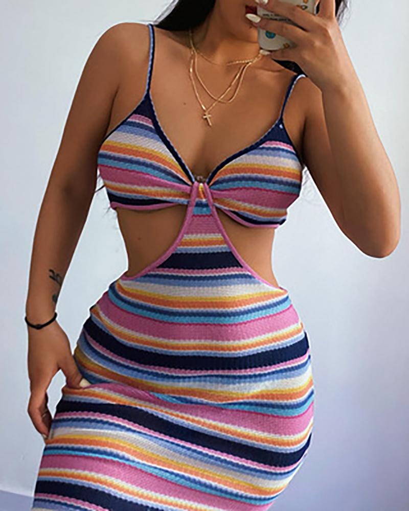 

Striped Print Cutout Knit Bodycon Dress, Blue