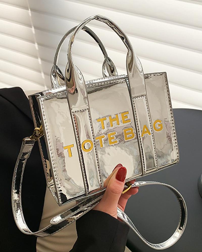 

Letter Print Holographic Satchel Bag, Silver