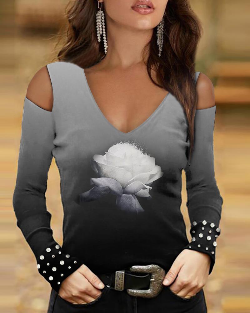 

Gradient Floral Print Cutout Top, Black