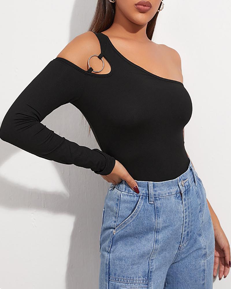 

O Ring Decor Cutout Long Sleeve Skinny Top, Black