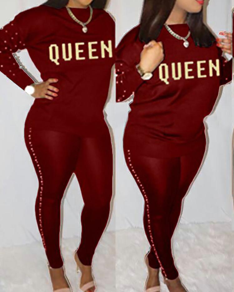 

Letter Print Beaded Women Top & Skinny Pants Set, Wine red
