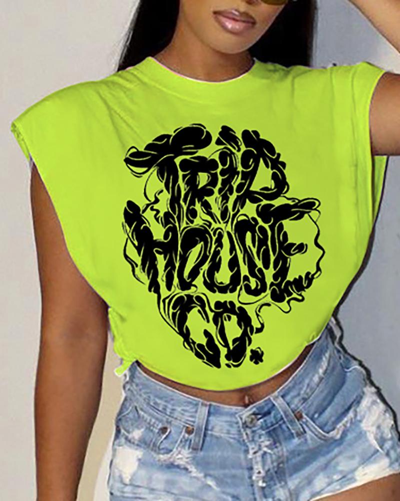 

Letter Print O-Neck T-shirt, Green