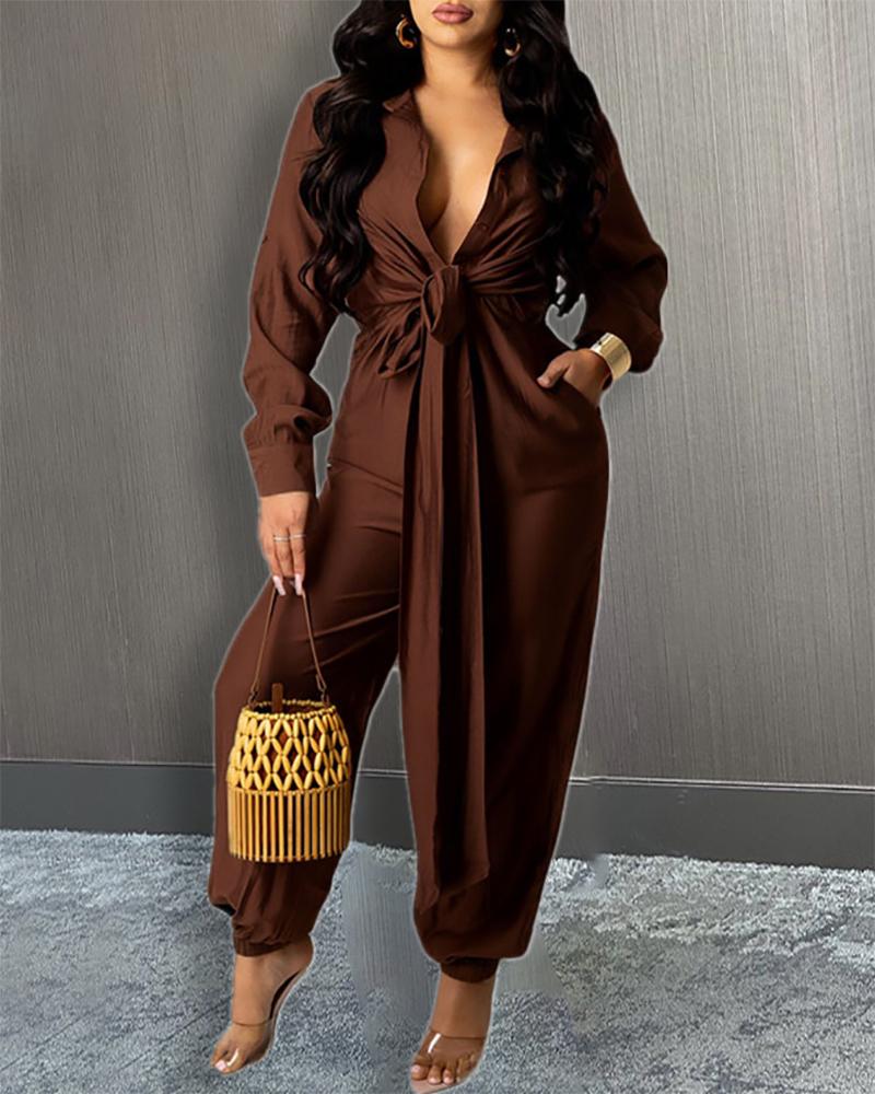 

Buttoned Pocket Design Tied Detail Jumpsuit, Brown