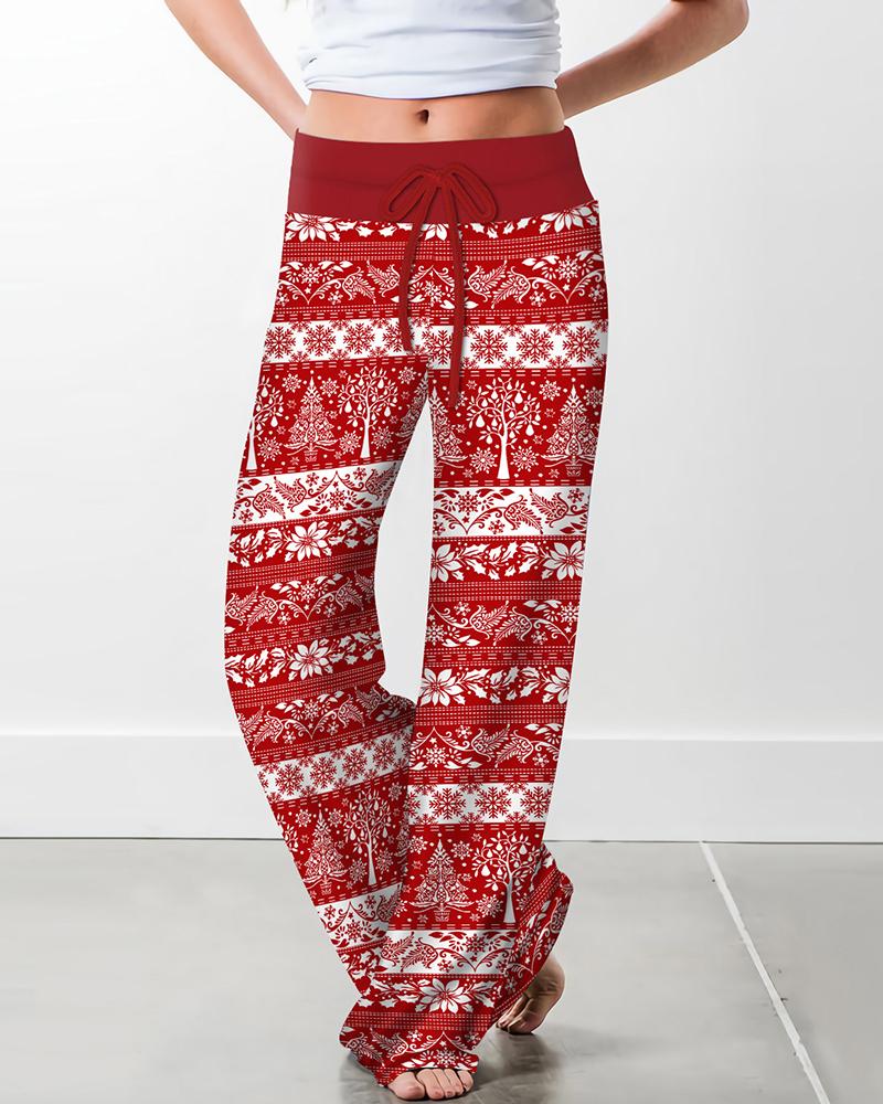 

Christmas Snowflake Floral Tree Print Wide Leg Pants, Red