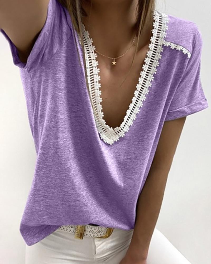 

V-neck Crochet Lace Casual T-shirt, Purple