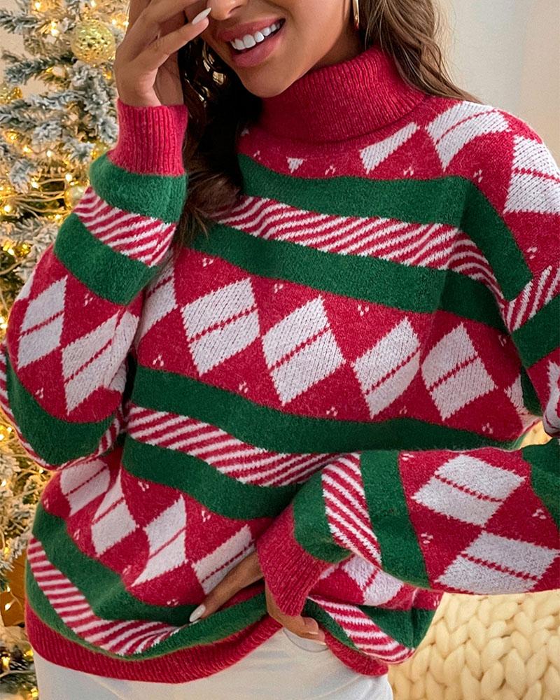 

Christmas Argyle Striped Print Turtleneck Sweater, Red
