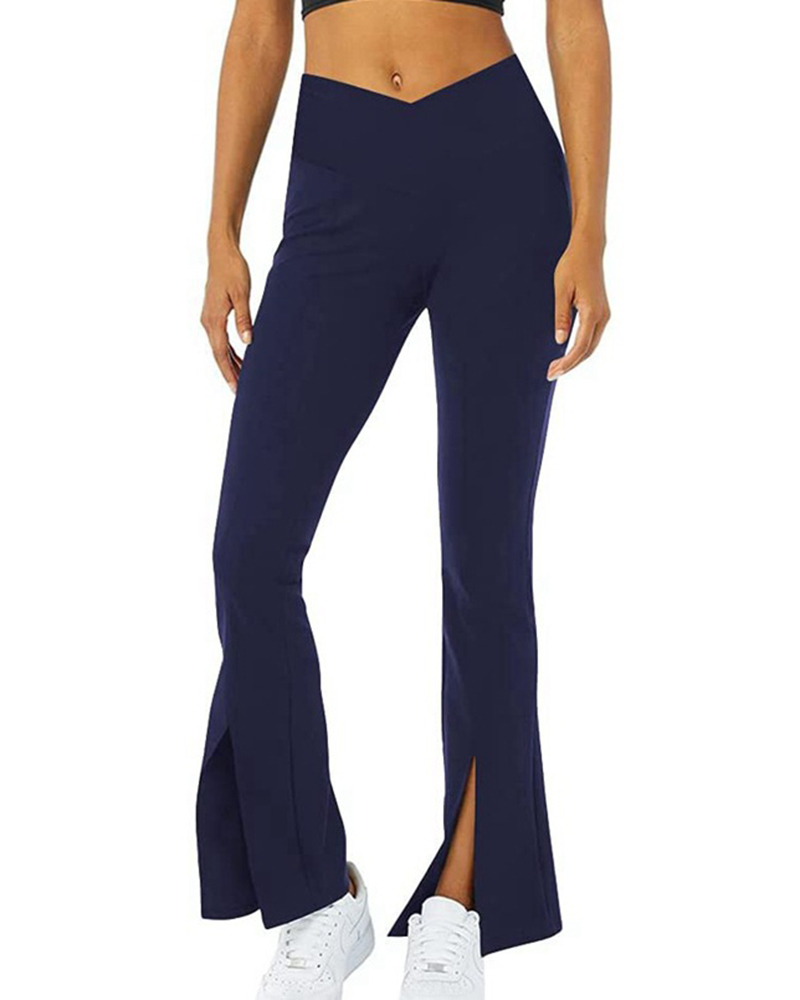 

Tummy Control Butt Lifting Slit Bootcut Yoga Pants, Blue