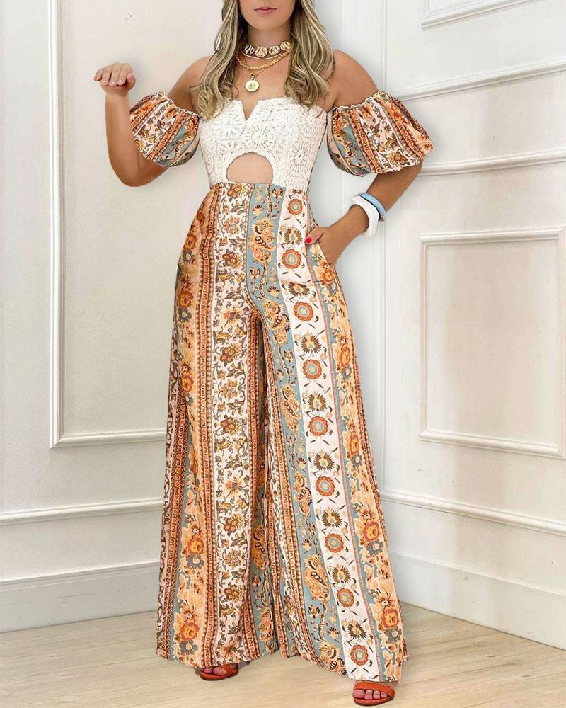 

Floral Print Off Shoulder Contrast Lace Jumpsuit, Style1