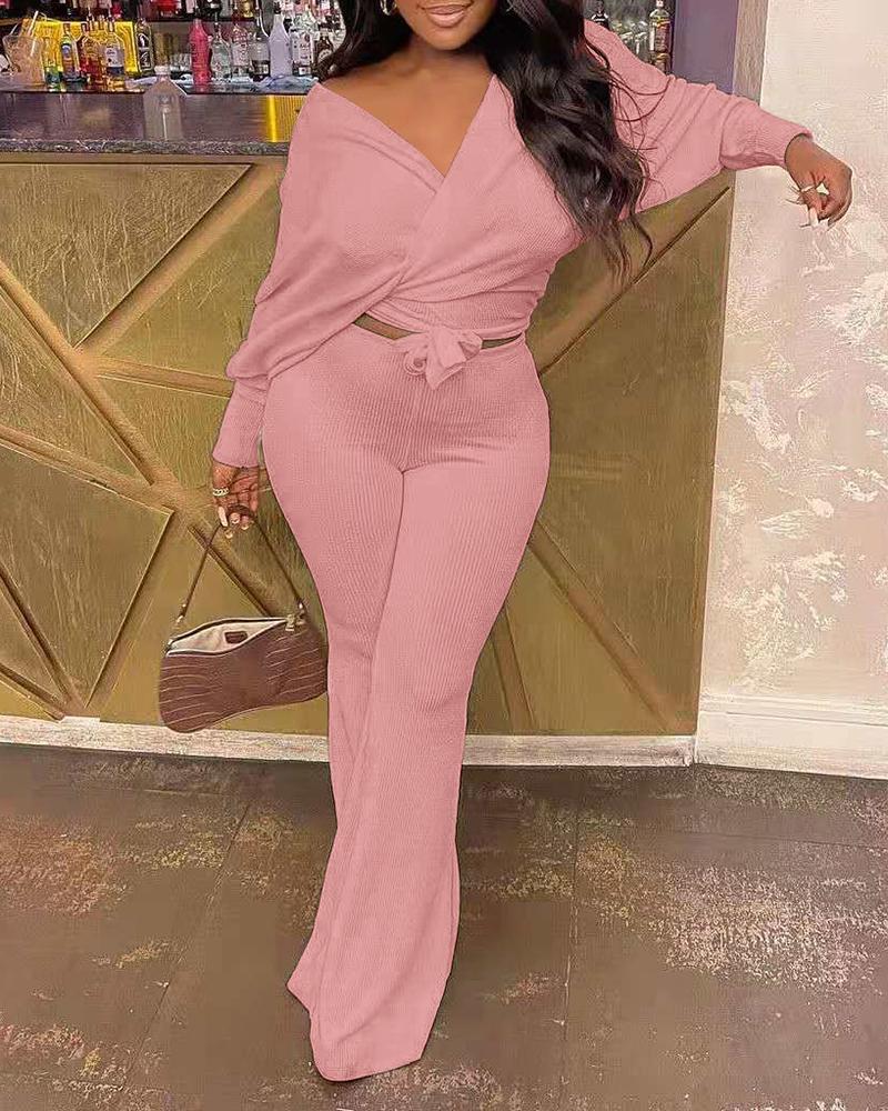 

Ribbed Long Sleeve Top & Bootcut Pants Set, Pink