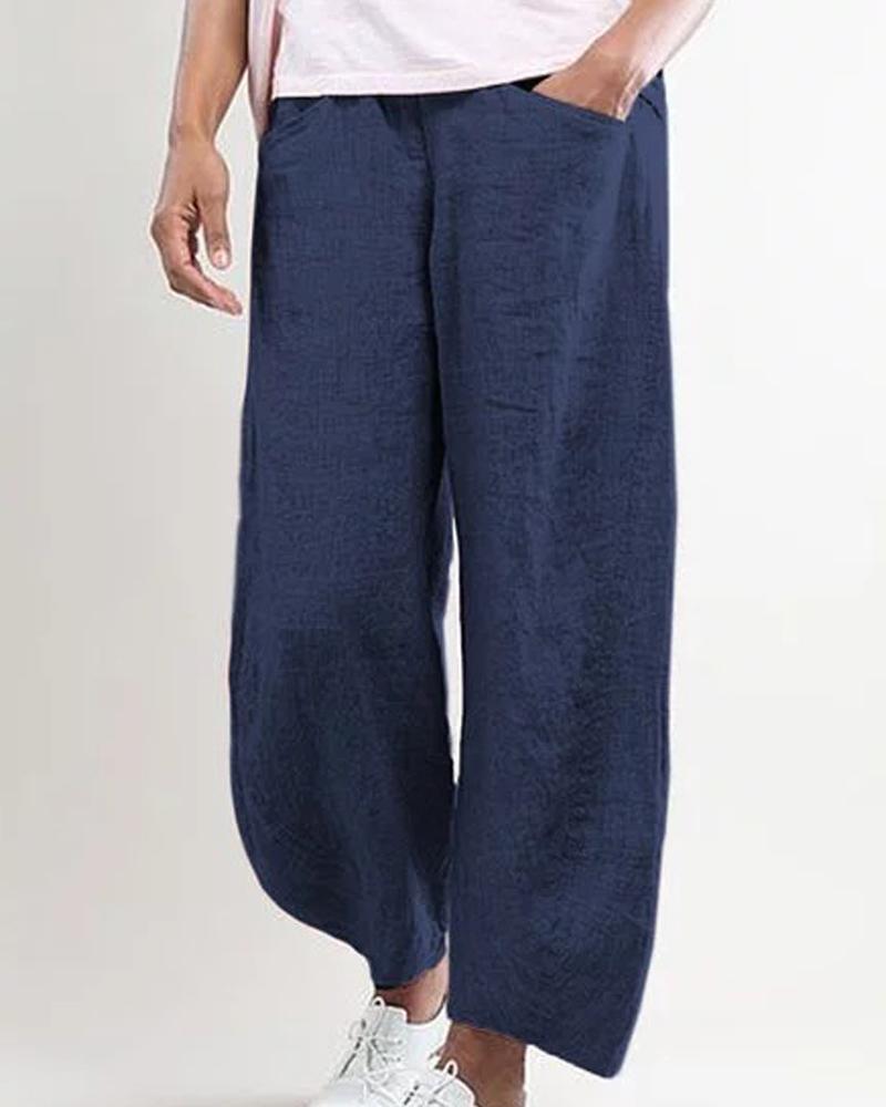 

Solid Pocket Loose Long Pants, Blue