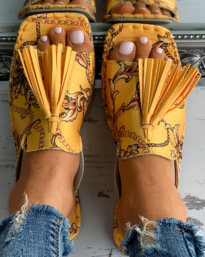 

Scarf Print Tassel Design Square Toe Flat Sandals, Yellow