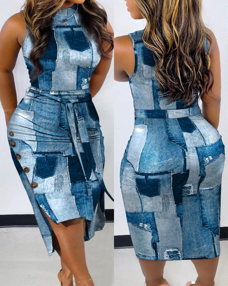 

Plus Size Denim Look Print Slit Midi Dress, Blue