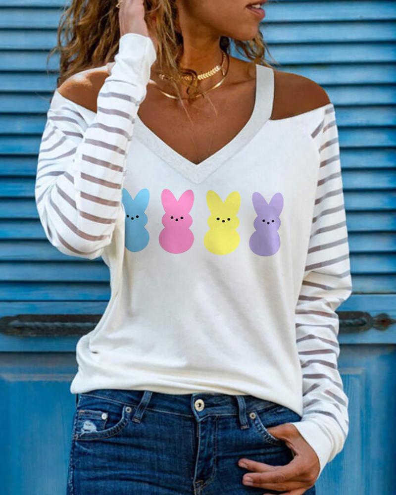 

Happy Easter Bunny Print Contrast Mesh Cold Shoulder Top, White