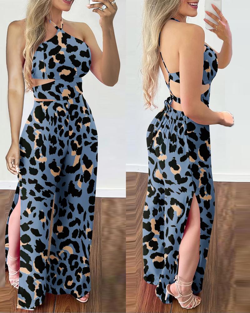 

Leopard Print Halter Sleeveless Jumpsuit Casual Backless Loose Fit Slit Rompers, Blue