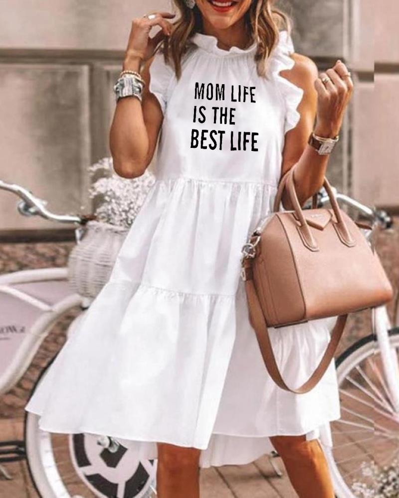 

Letter Print Frill Hem Sleeveless Casual Dress, White