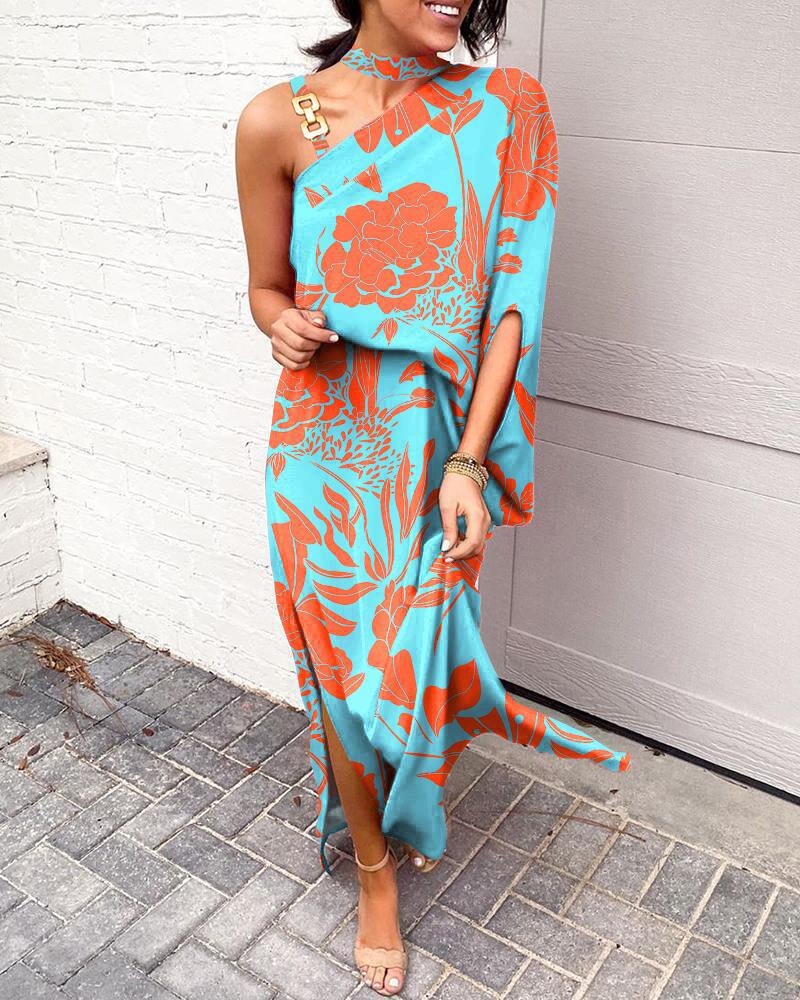 

Plants Print Chain Strap Split Hem Maxi Dress, Blue