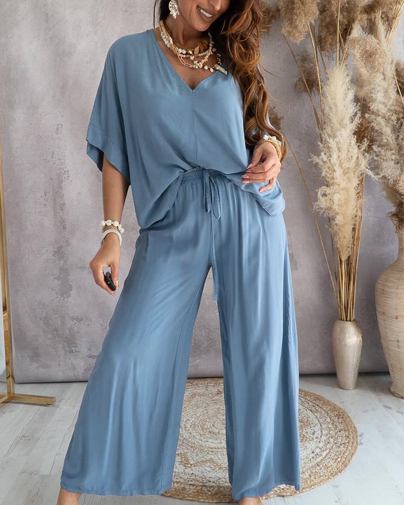 

V-Neck Batwing Sleeve Top & Casual Pants Set, Dark blue