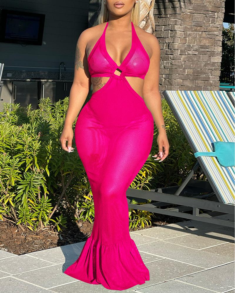 

O-Ring Halter Backless Sheer Mesh Mermaid Dress, Hot pink